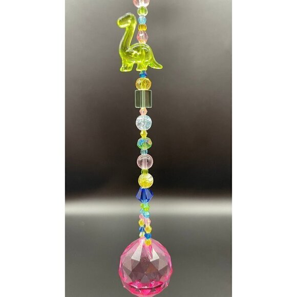 Dinosaur Beaded Suncatcher - Pastel Pink Crystal Prism - Hanging Patio Decor - Picture 5 of 11